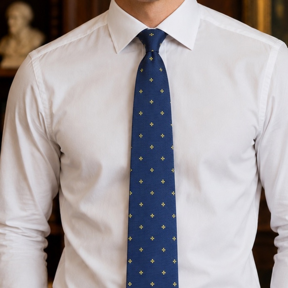 Kiton Neapolitan Blue Textured Silk Tie with Small Yellow Motif (NWT)